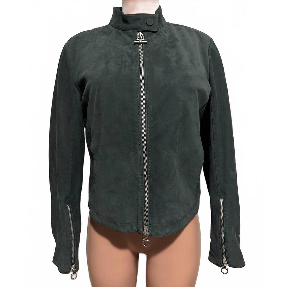 NEW SALVATORE FERRAGAMO women's biker jacket in green